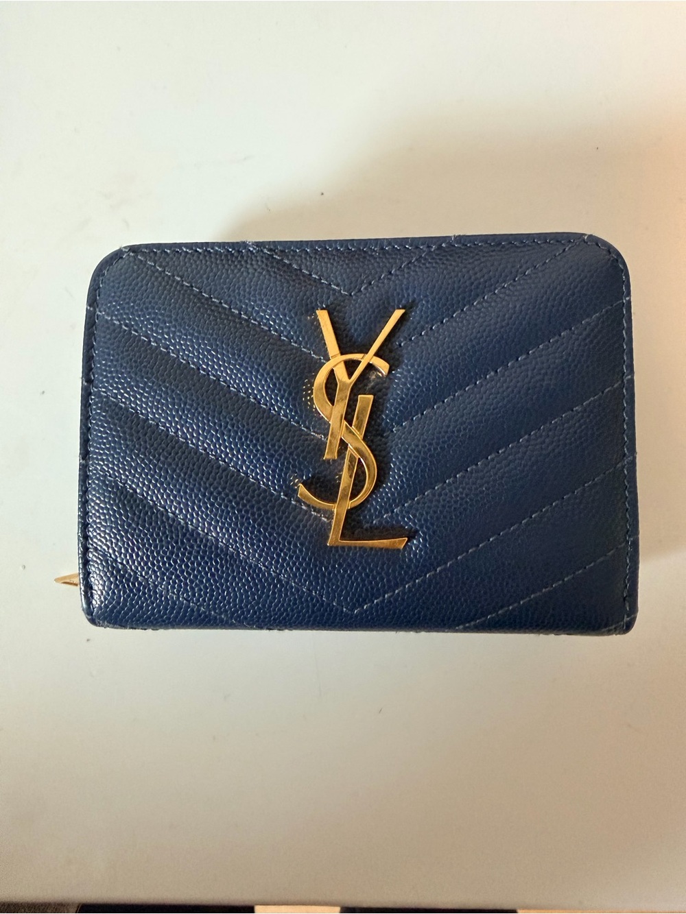 Saint Laurent Deep Blue Quilted Leather Zip Around Wallet with Gold YSL